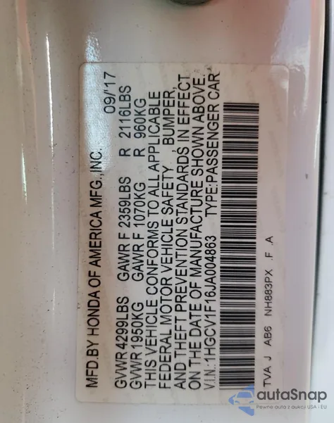 2018 Honda Accord Lx z USA, uszkodzony, nr VIN 1HGCV1F16JA004863